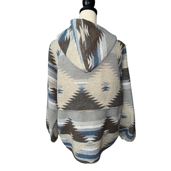 Main Strip Southwestern Aztec Print Hooded Sweatshirt Gray/Blue/Brown Soft Large - Picture 3 of 6
